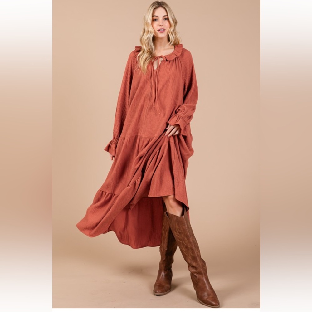 ShopEvelynne Rust Long Sleeve Tiered Maxi Dress - Picture 2 of 4